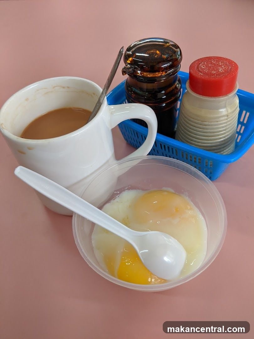 Soft-boiled eggs with coffee and condiments