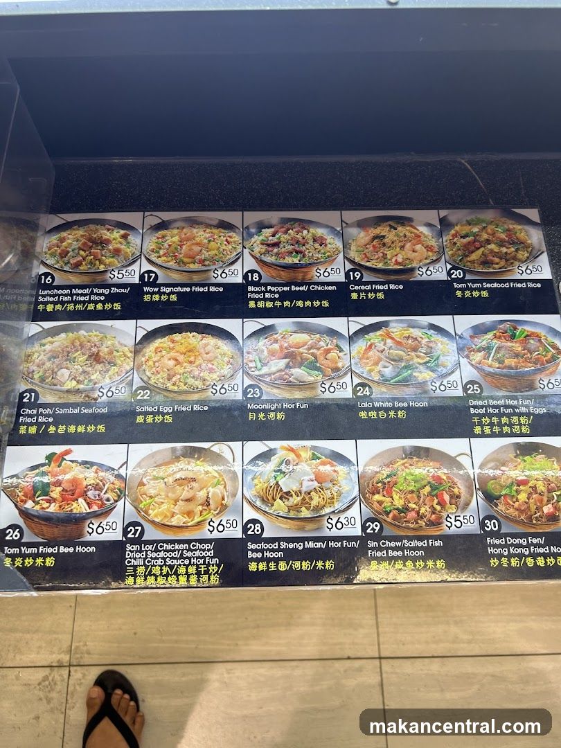 Menu with various rice and noodle dishes