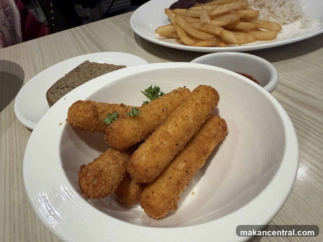 Fried Mozzarella Sticks with Fries and Rice