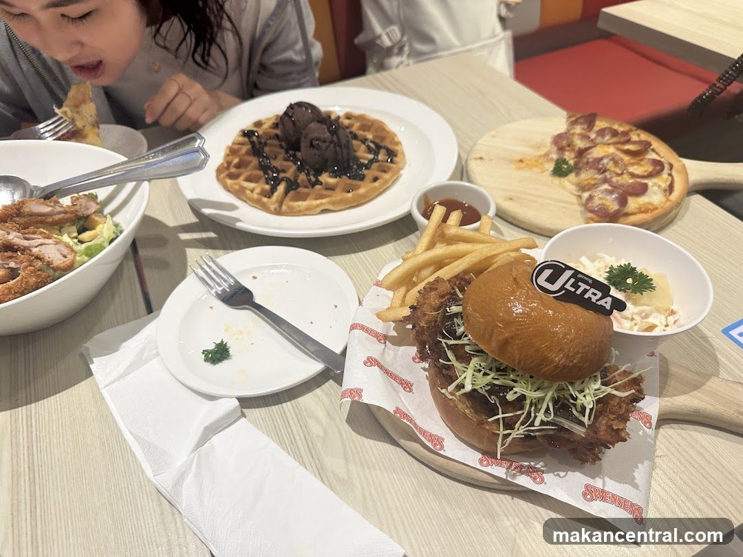 Burger, Fries, Waffle, and Pizza