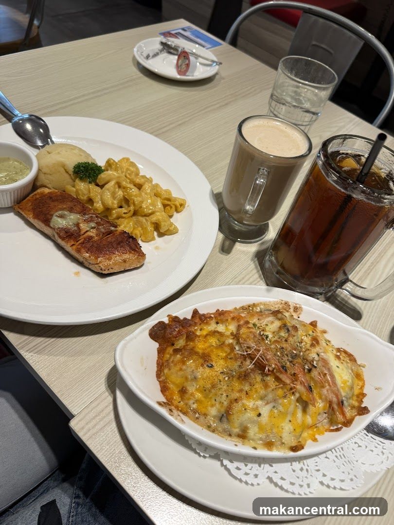 Salmon with Mac and Cheese and Seafood Gratin