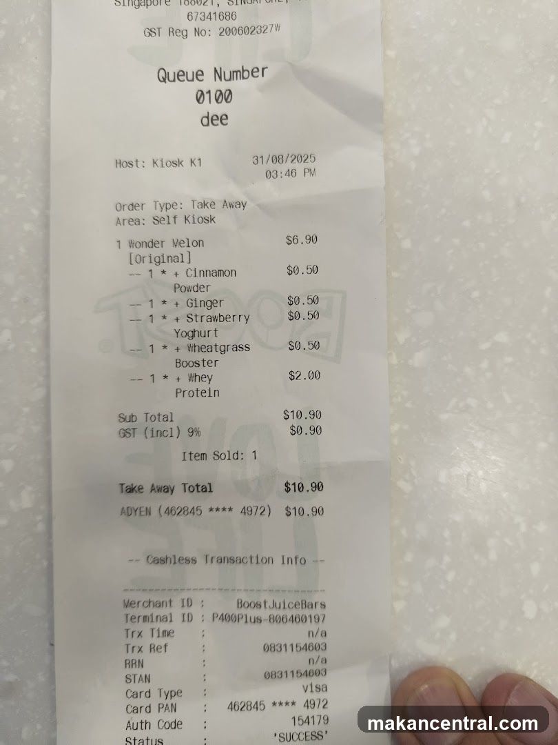 Receipt from Boost Juice Bars