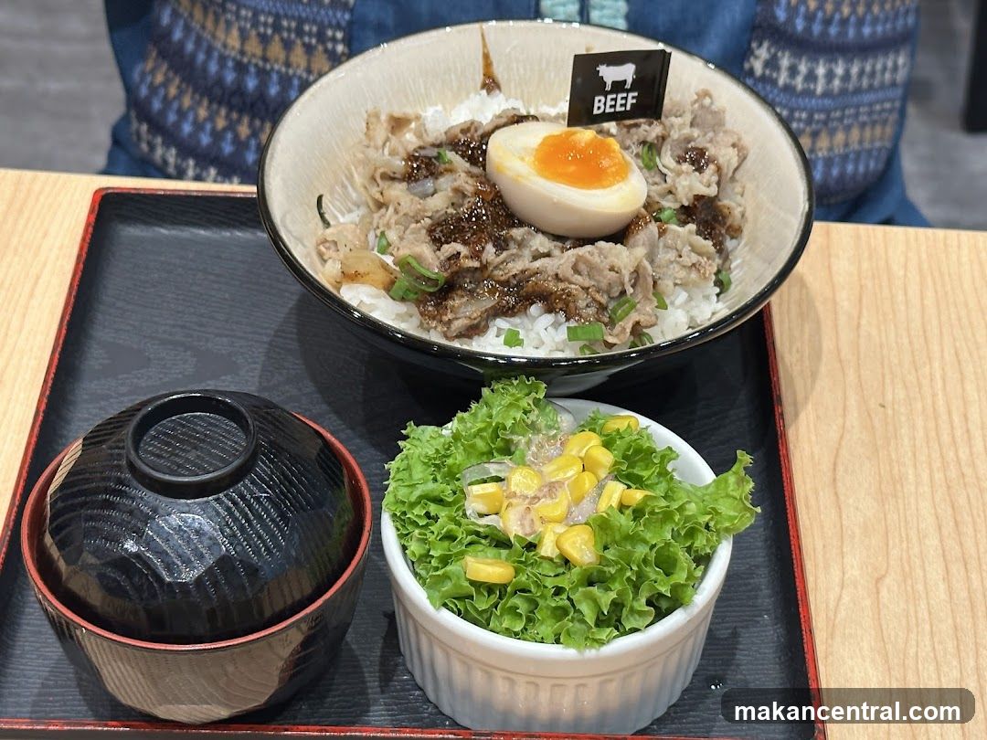 Beef Donburi with Side Salad and Soup