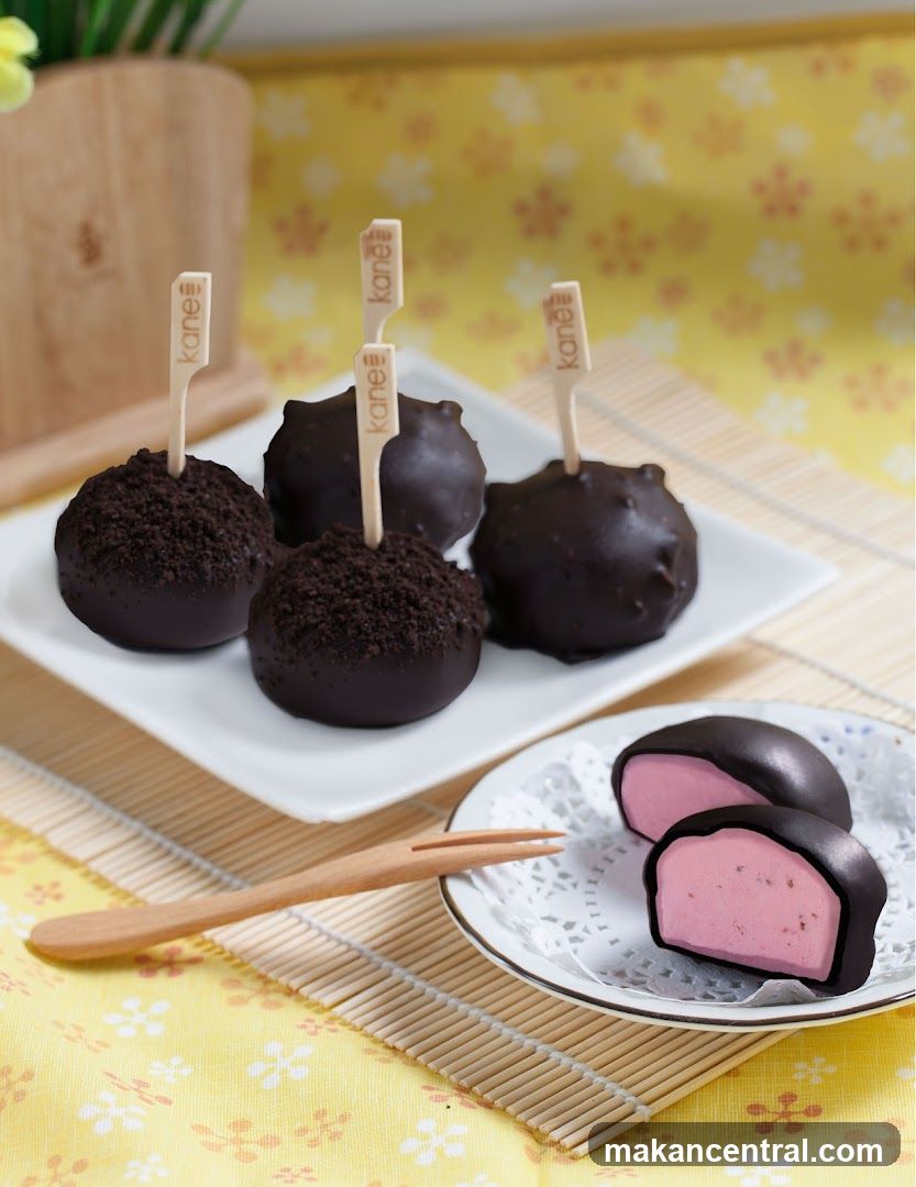 Chocolate-covered desserts with pink filling