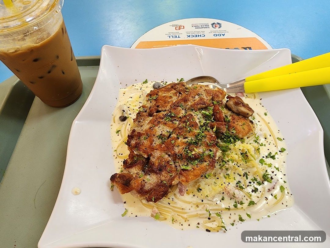 Chicken Carbonara with Iced Coffee