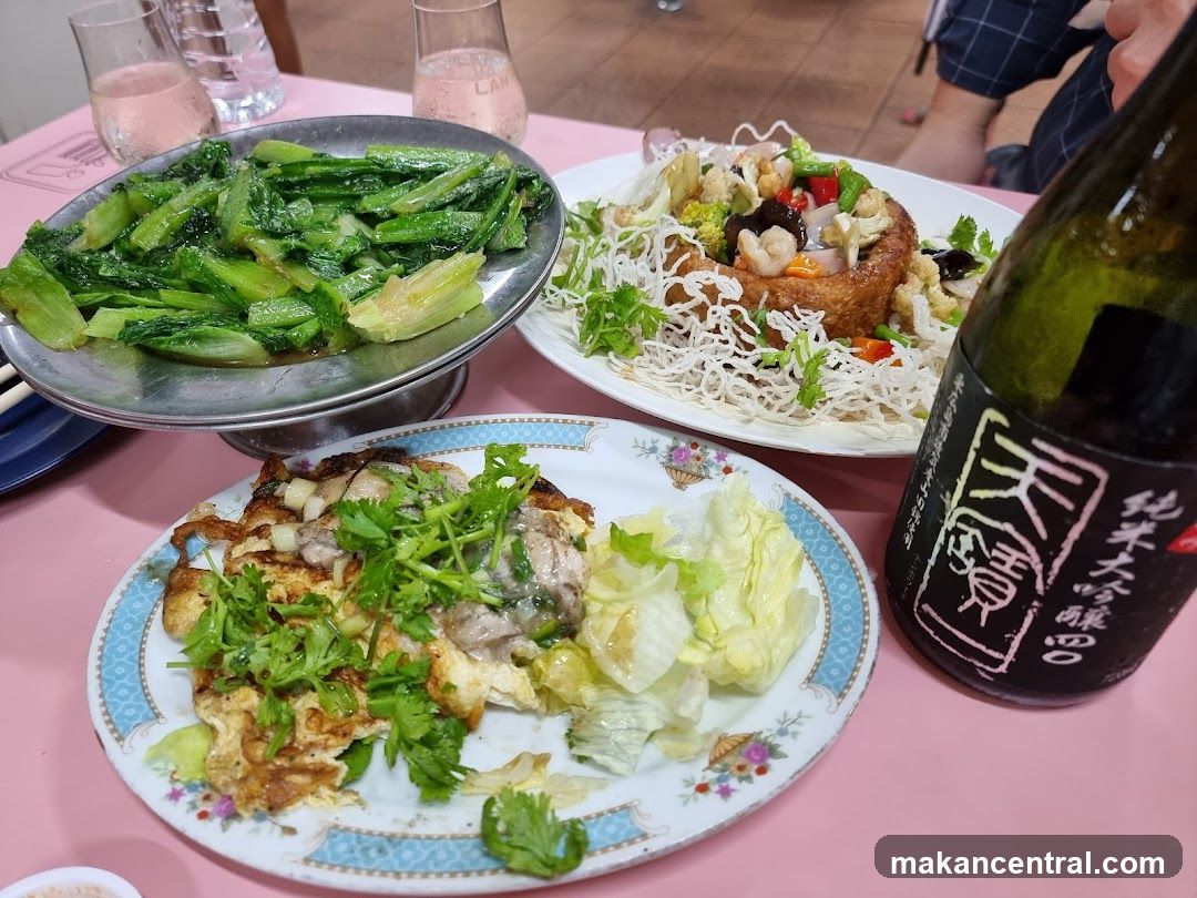 Oyster Omelette and Stir-fried Greens