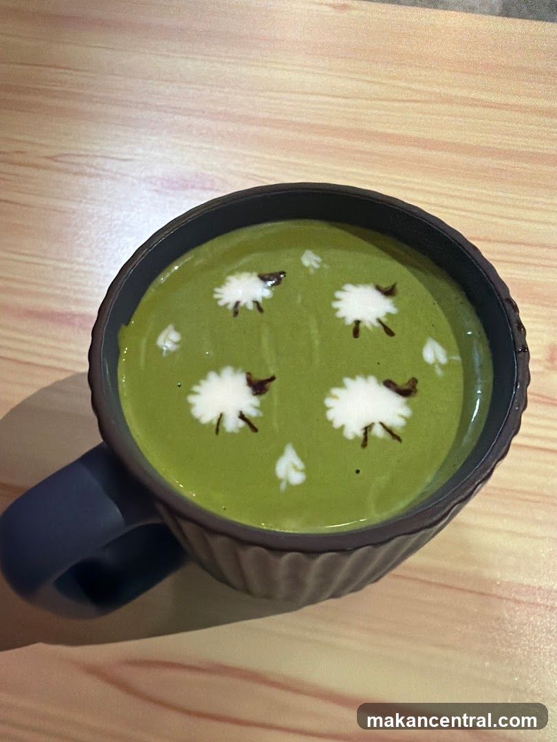Matcha latte with sheep art