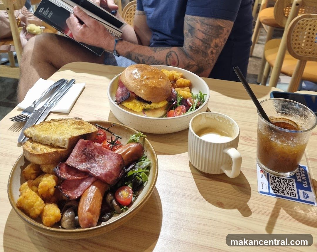 Breakfast spread with coffee and iced drink