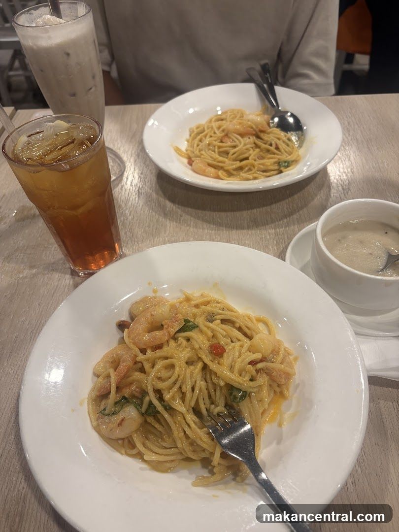 Pasta with Shrimp and Drinks