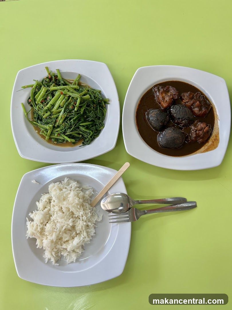 Meal with Rice, Stir-fried Vegetables, and Braised Meat
