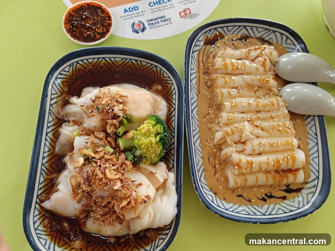 Chee Cheong Fun with Sauce and Broccoli