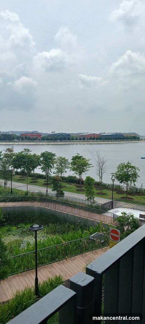 Waterfront park with buildings in the distance