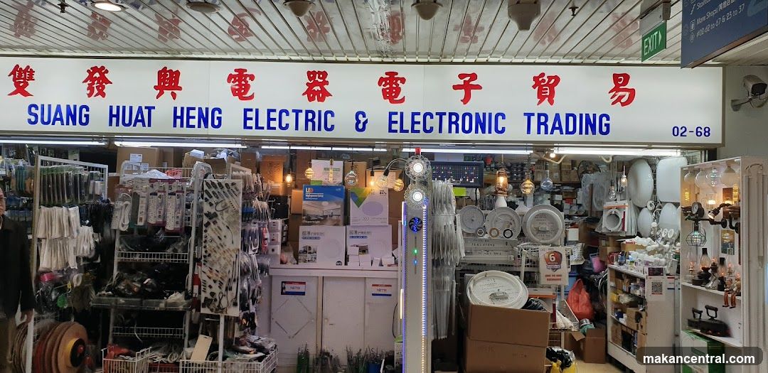 A storefront for an electrical and electronics trading business. The sign above the entrance reads "SUANG HUAT HENG ELECTRIC & ELECTRONIC TRADING" in both Chinese and English. The shop is filled with various electrical components, lighting fixtures, and related products displayed on shelves and racks.