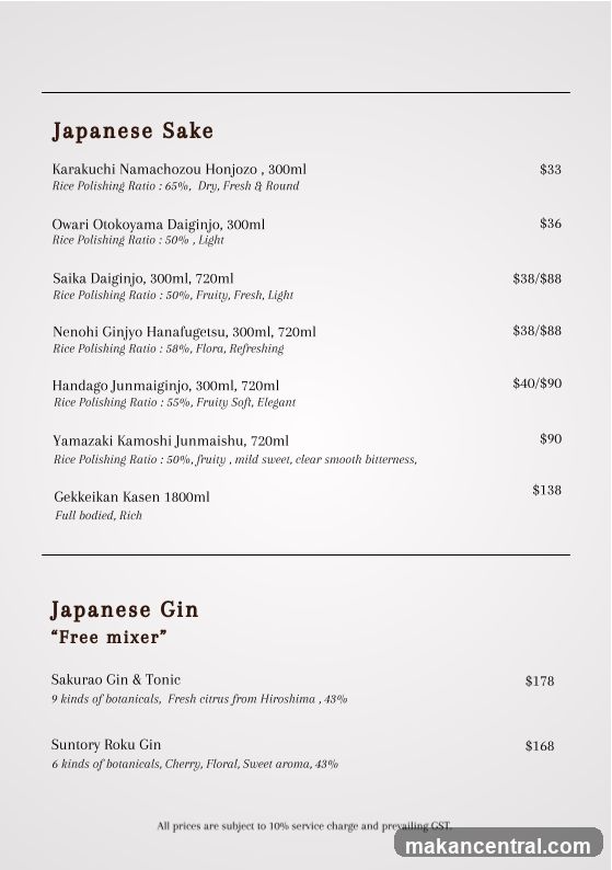 Japanese Sake and Gin Menu