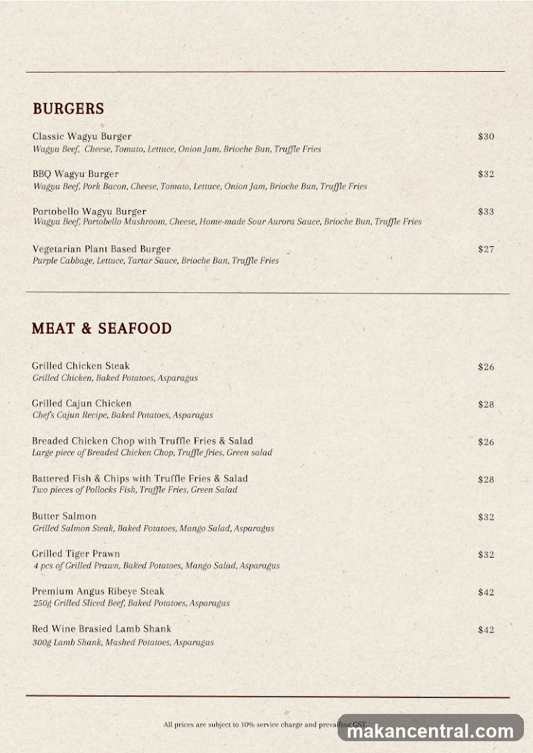 Burgers and Meat & Seafood Menu