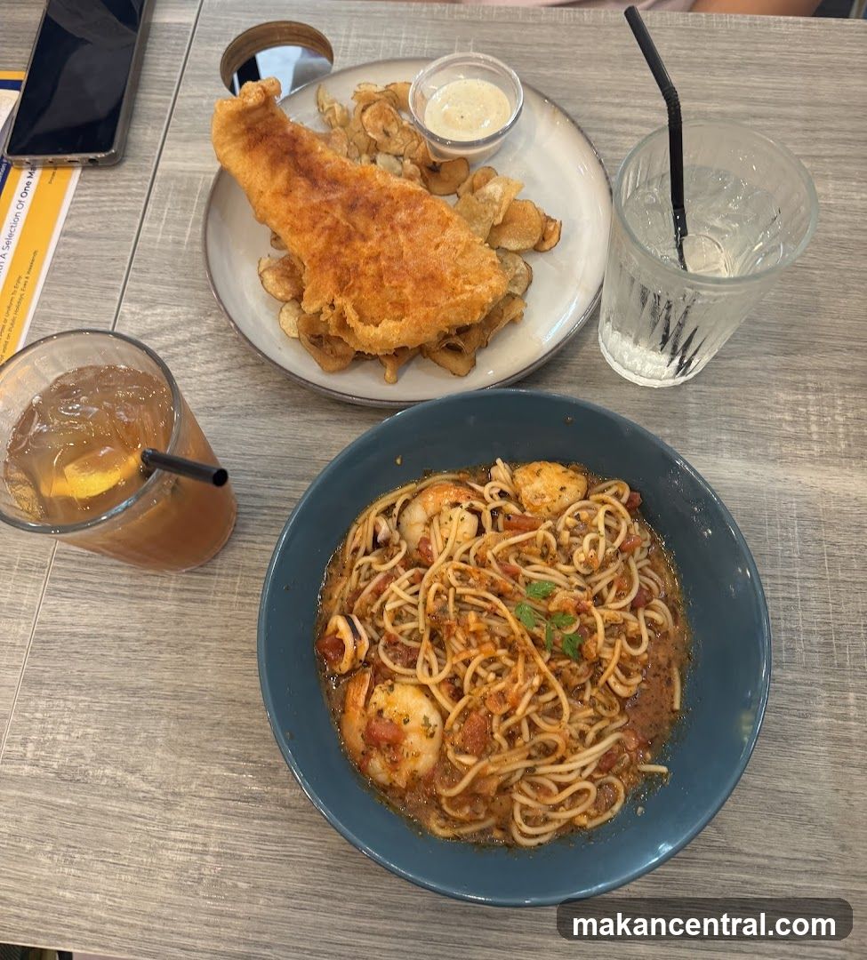 Seafood Pasta and Fish and Chips
