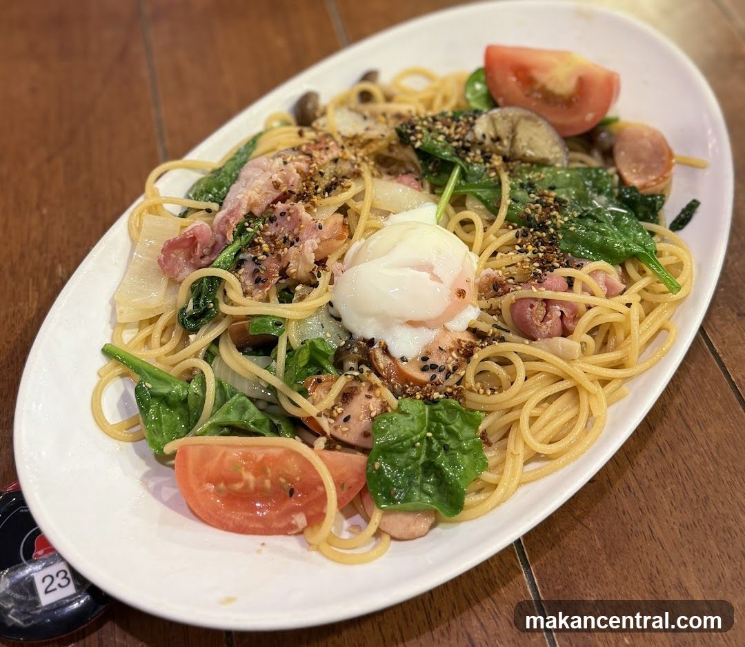 Spaghetti with Poached Egg and Bacon