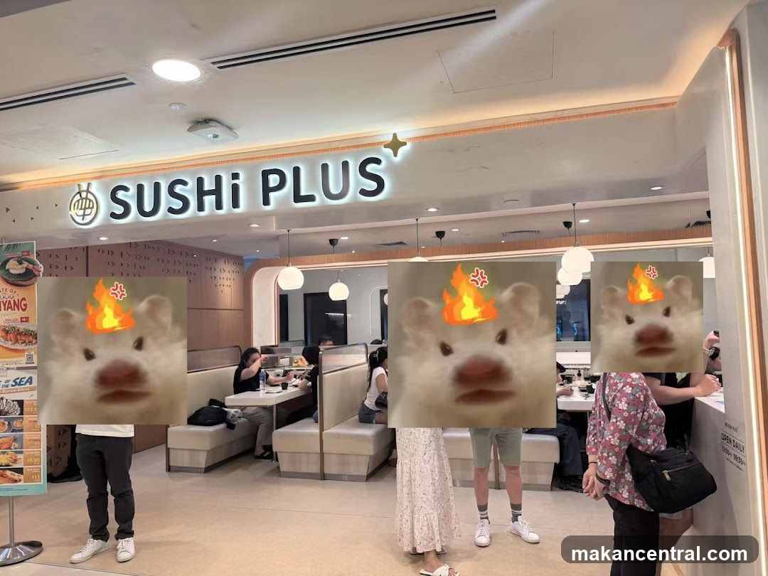 The exterior of a Sushi Plus restaurant with a prominent sign. Inside, diners are seated at booths. Three meme images of a hamster with flames and angry emojis are superimposed on the scene.