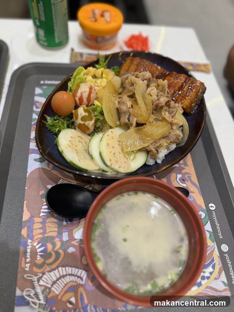 Beef and Eel Rice Bowl with Miso Soup