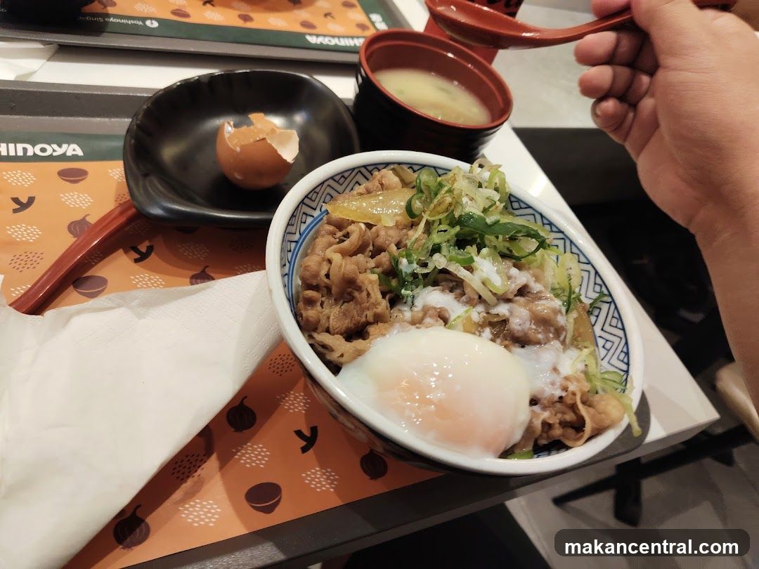 Beef Bowl with Egg and Miso Soup