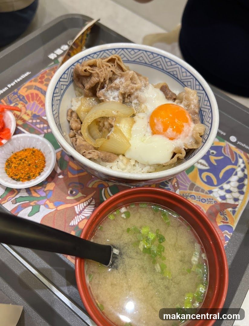 Beef bowl with egg and miso soup
