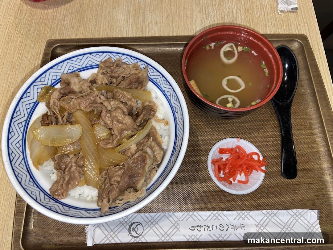 Beef bowl with miso soup and pickled ginger