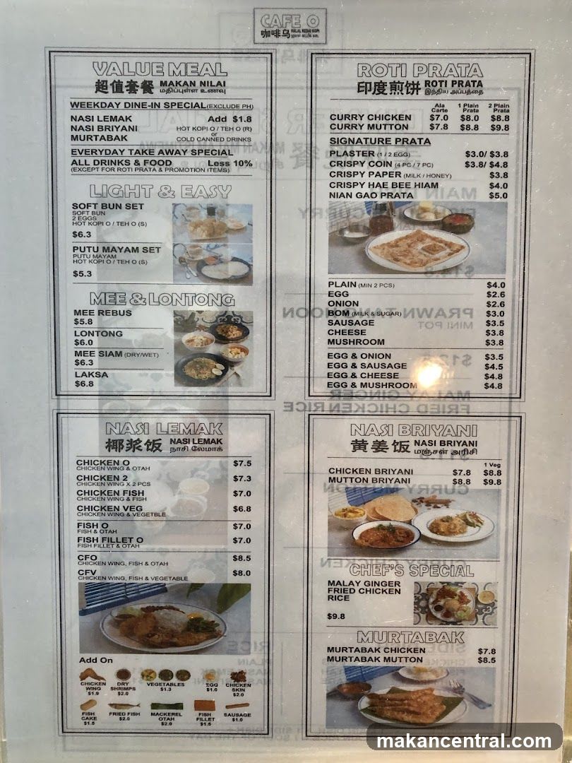 Printed menu board showing various meal categories including Value Meal, Roti Prata, Nasi Lemak, and Chef's Special with prices in USD.