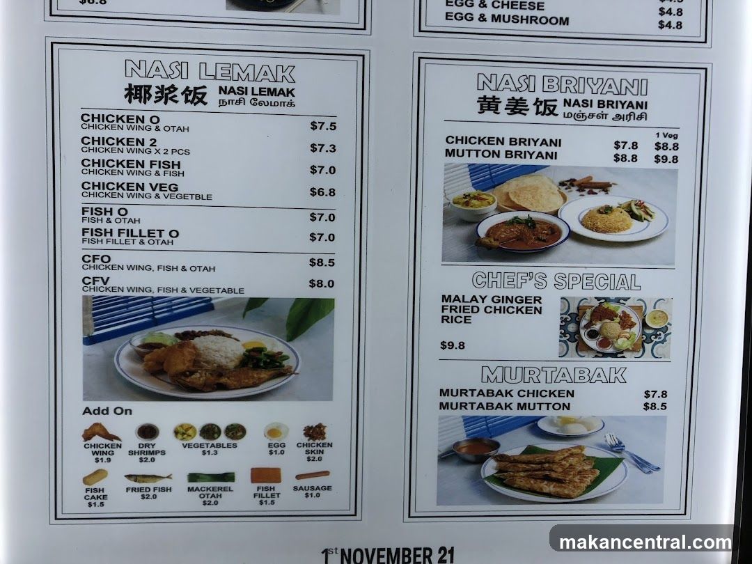 Nasi Lemak and Nasi Briyani Menu