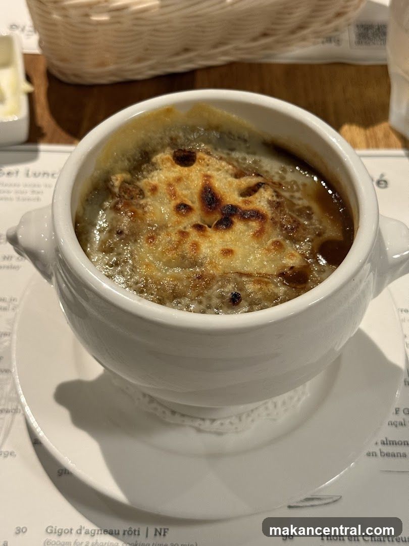 French Onion Soup in White Ceramic Bowl