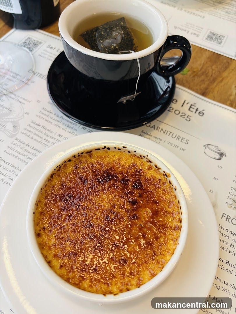 Table Setting with Tea and Crème Brûlée