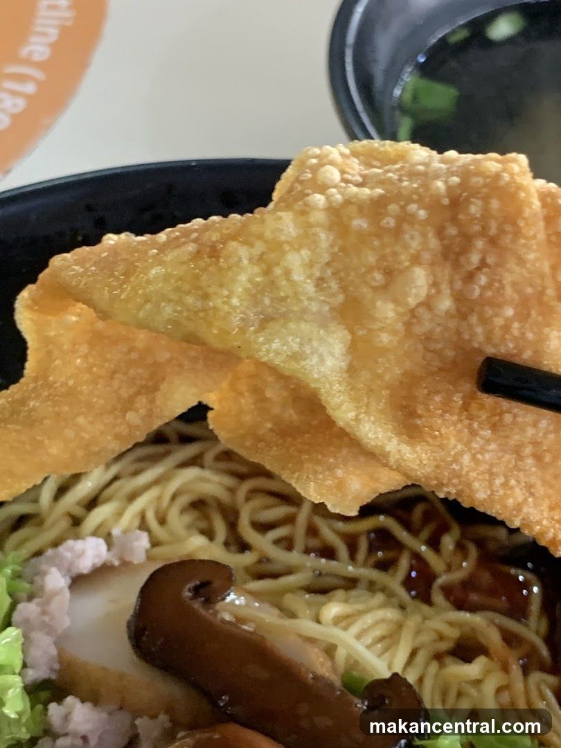 Close-up of noodle dish with crispy topping