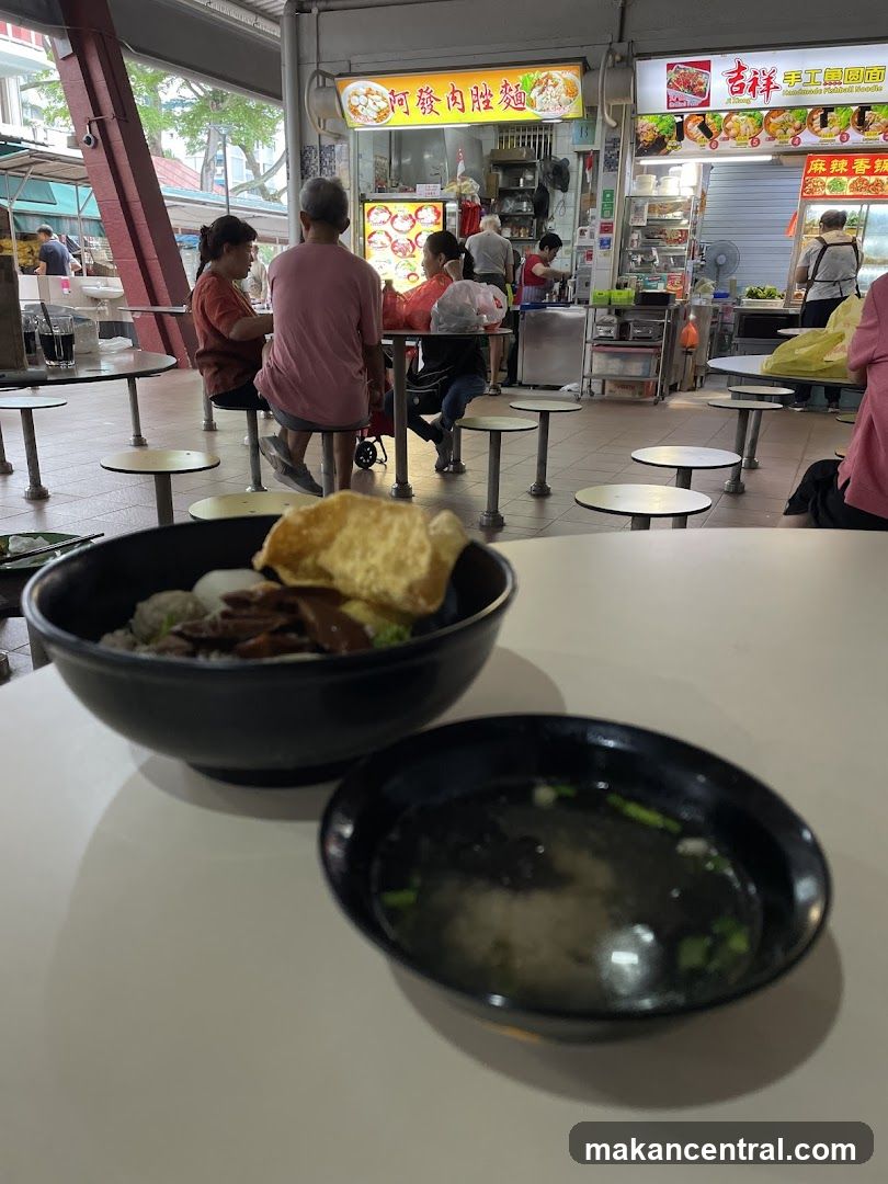 Food court interior with diners and stalls