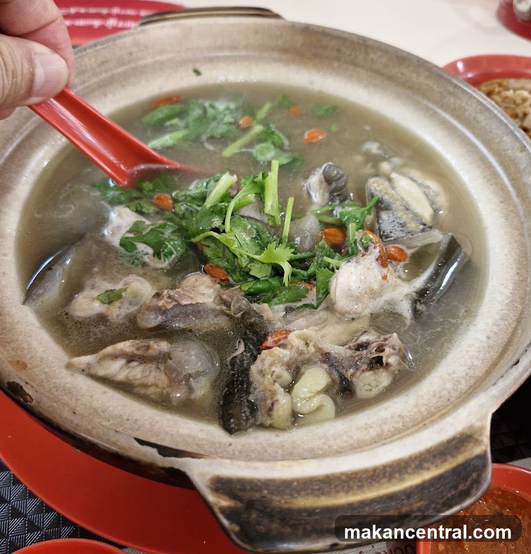 Close-up of a clay pot soup