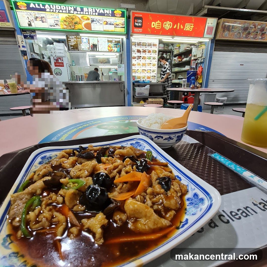 Food court interior with dining table and stalls