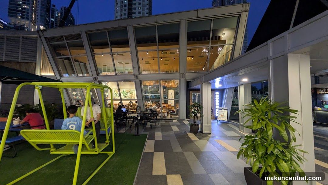Outdoor seating area at night