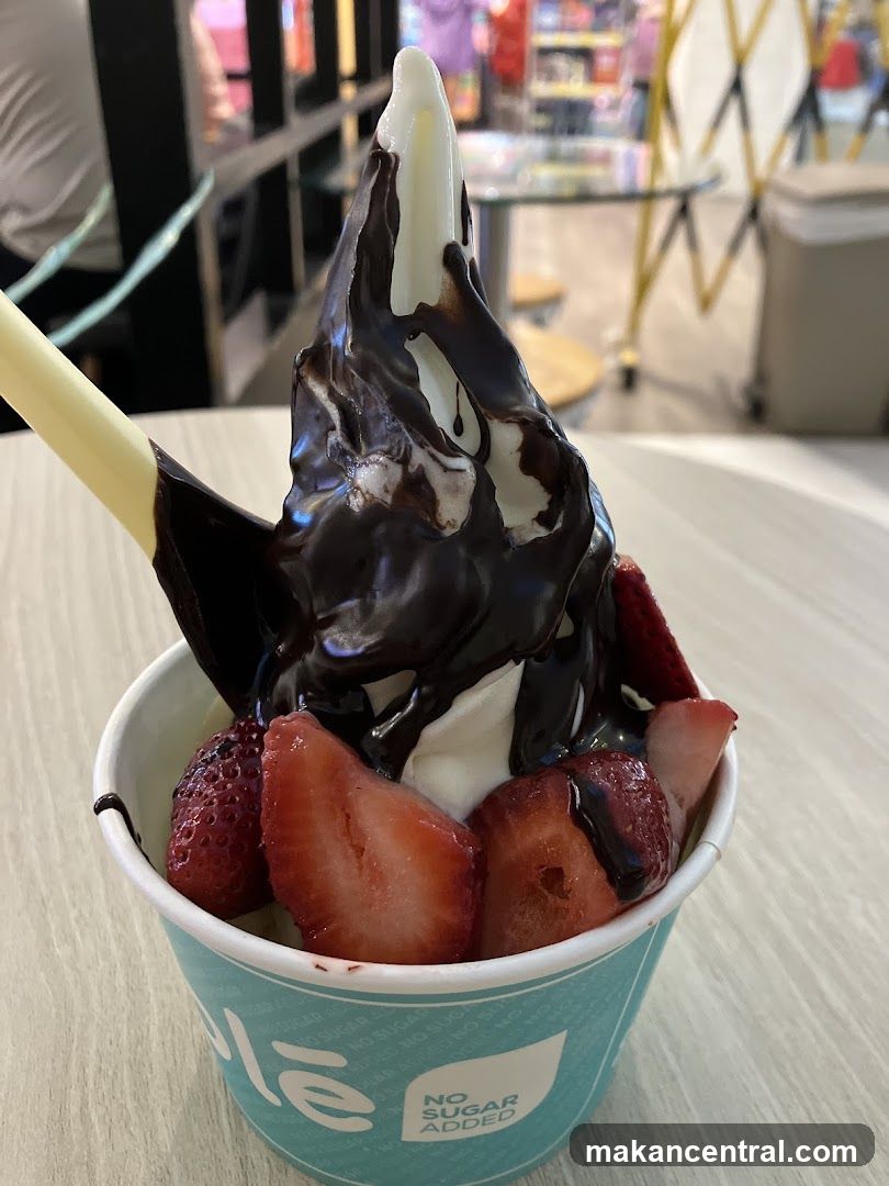 Soft serve dessert with chocolate drizzle and strawberries