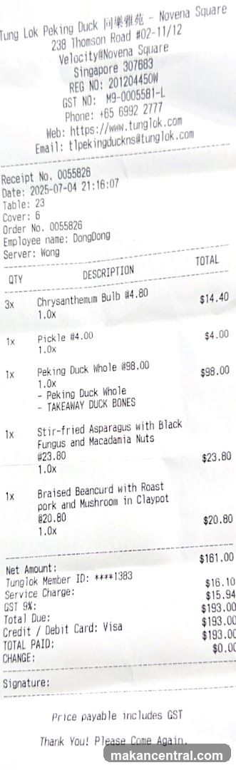 Tung Lok Peking Duck Receipt