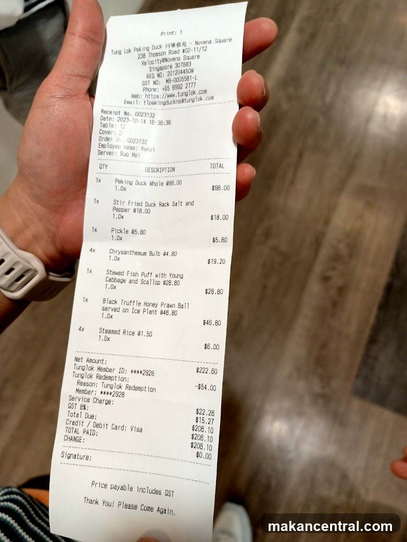 Receipt from Tung Lok Peking Duck