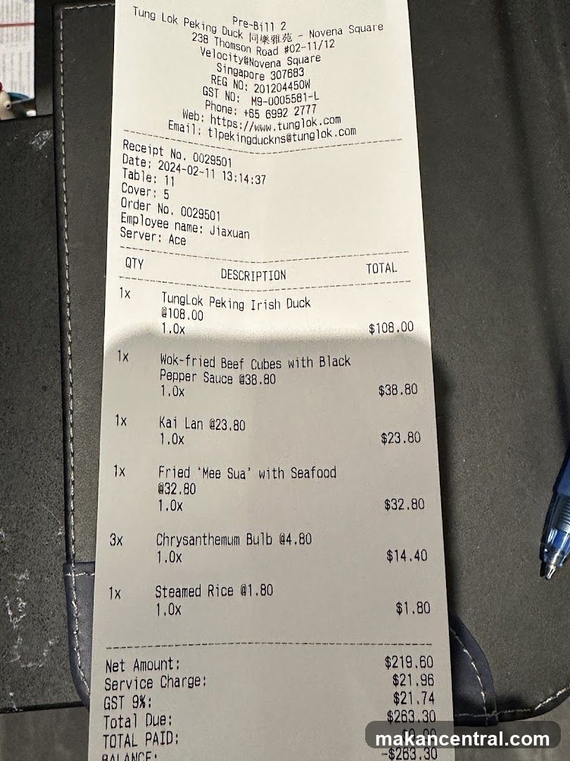 Receipt from Tung Lok Peking Duck at Novena Square