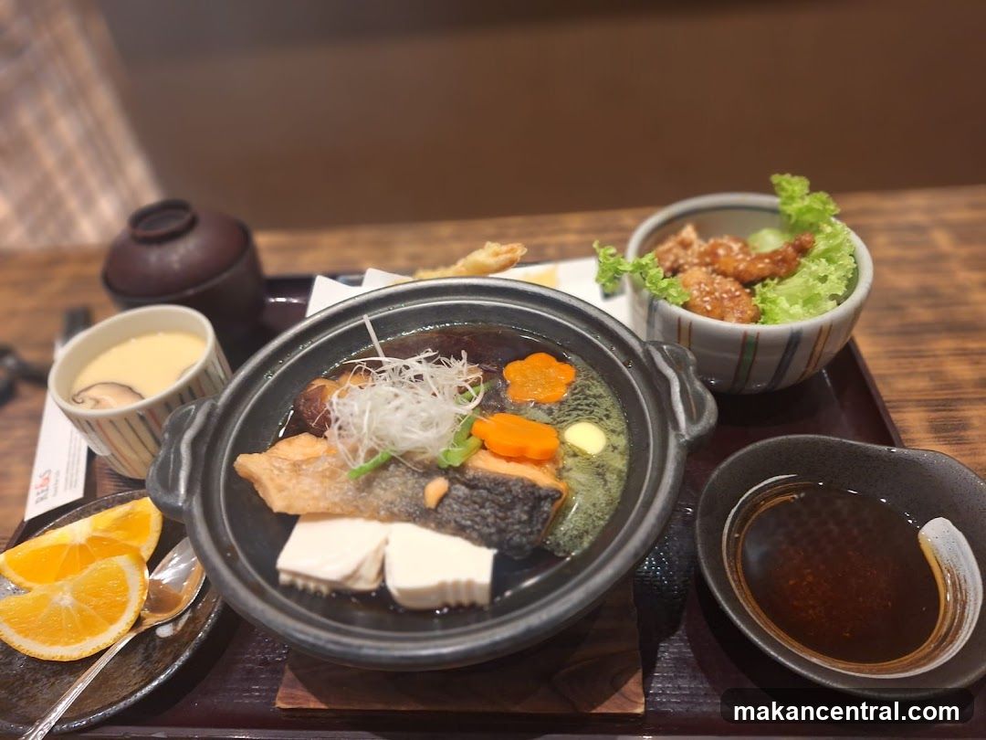 Japanese meal served on wooden tray