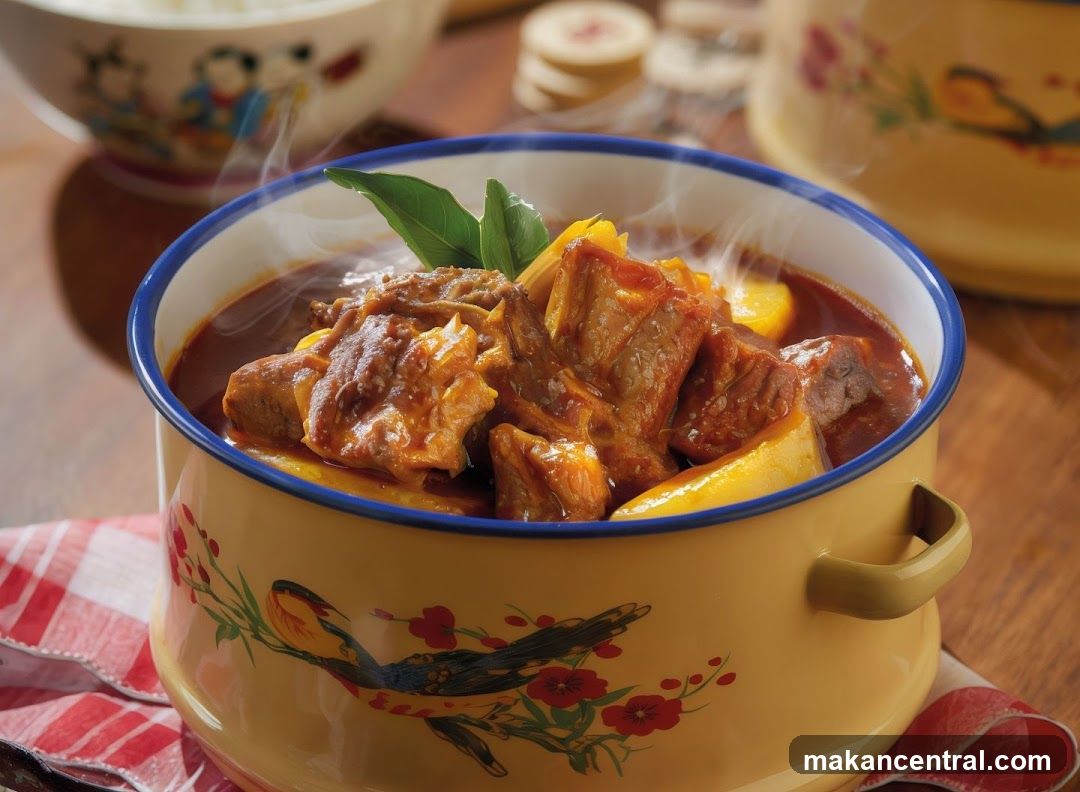 Hearty stew in decorative bowl