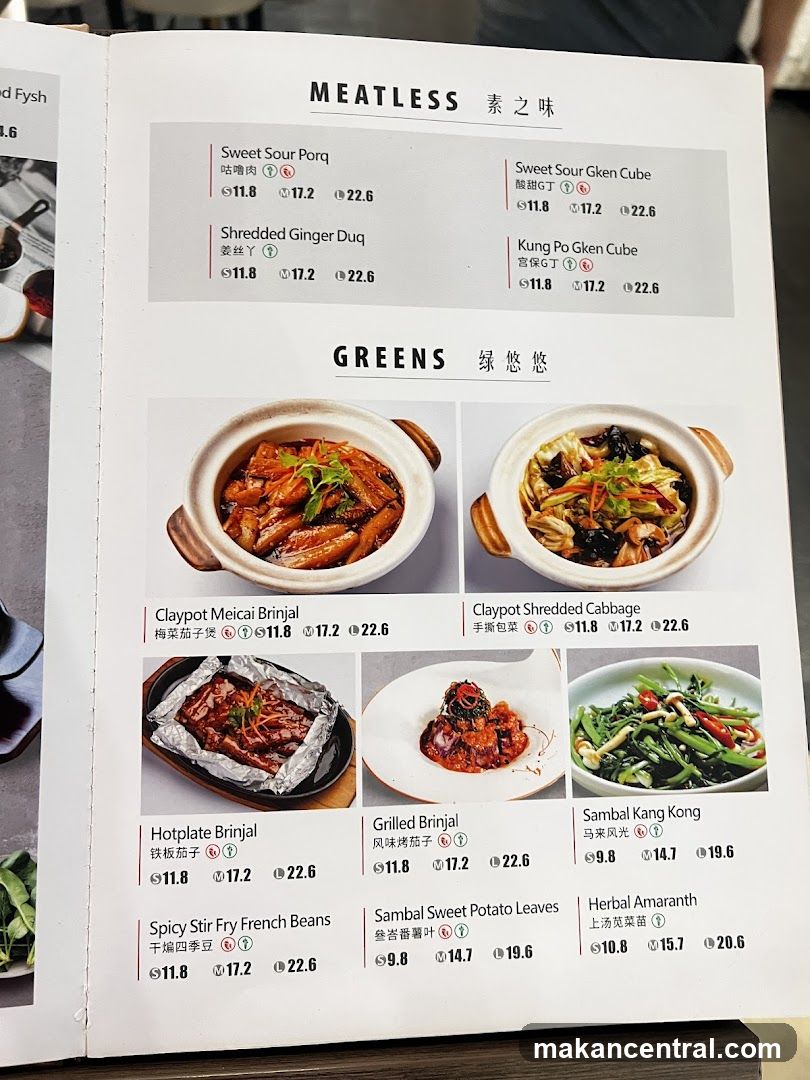 Meatless and Greens Section of Menu