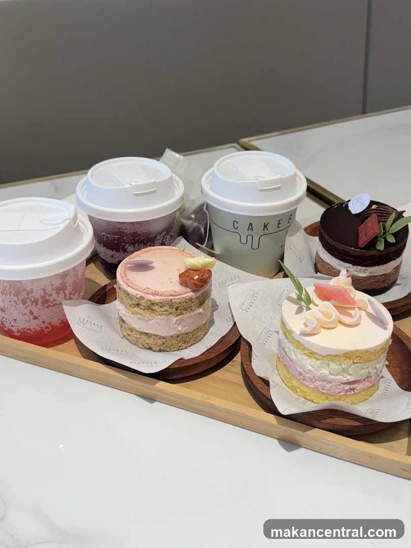 Cakes and beverages on tray