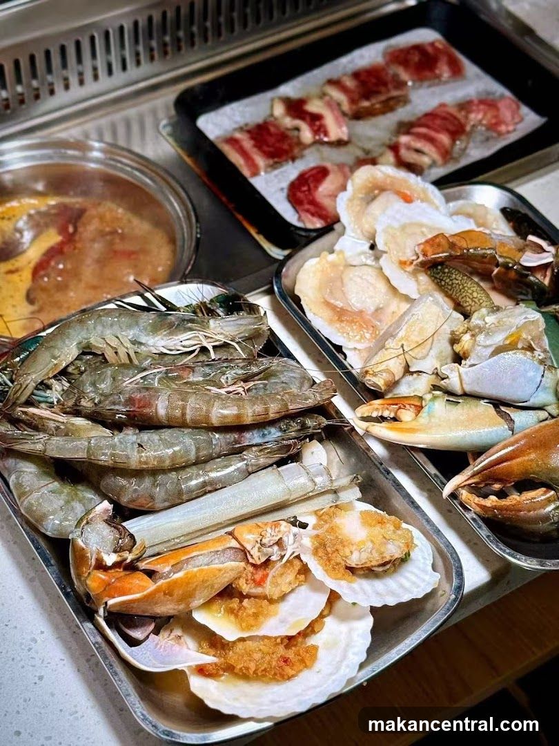 Seafood and meat display at a restaurant