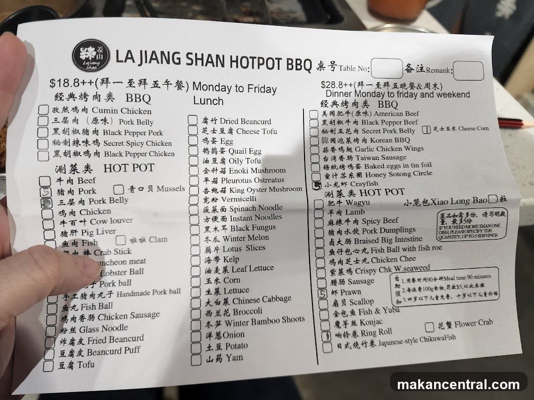 LA JIANG SHAN HOTPOT BBQ Menu