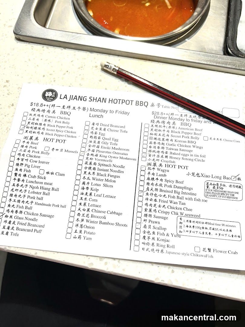 La Jiang Shan Hotpot BBQ Menu and Table Setting