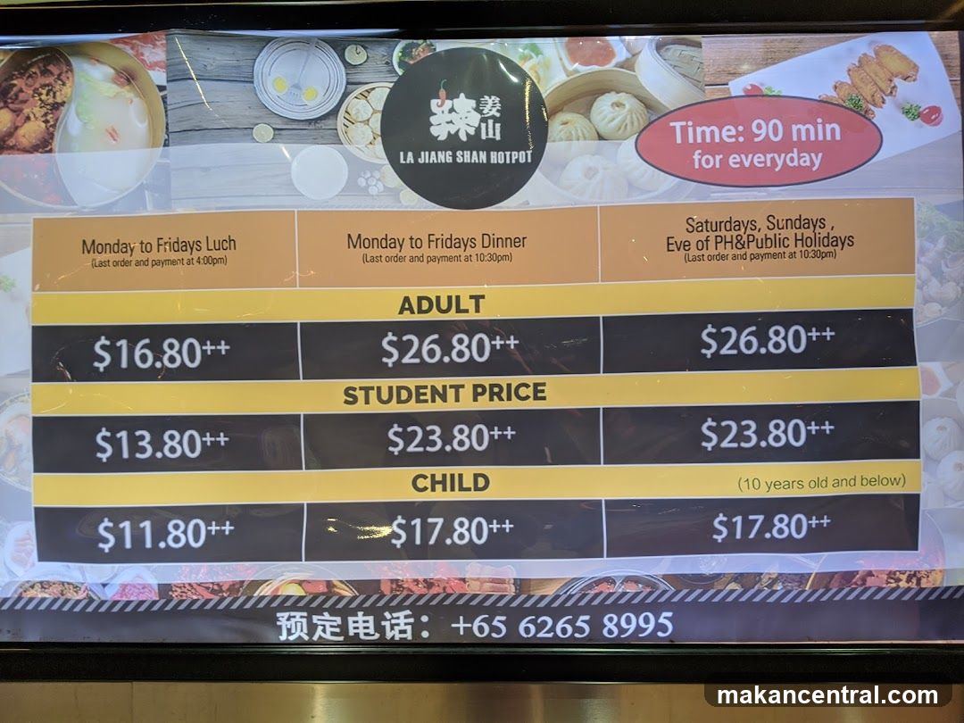 LA JIANG SHAN HOTPOT Pricing Table