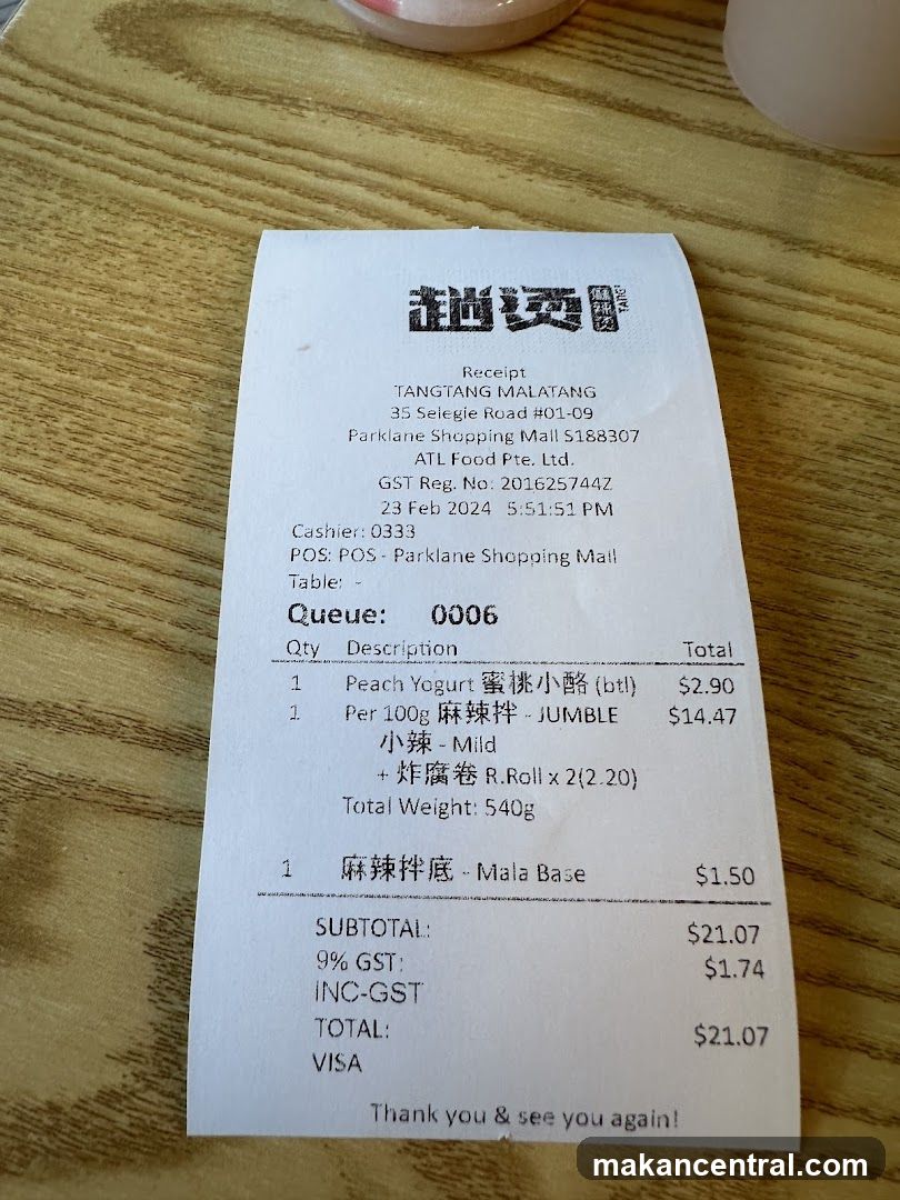 Receipt from Tangtang Malatang