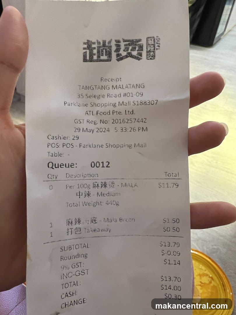 Receipt from Tangtang Malatang