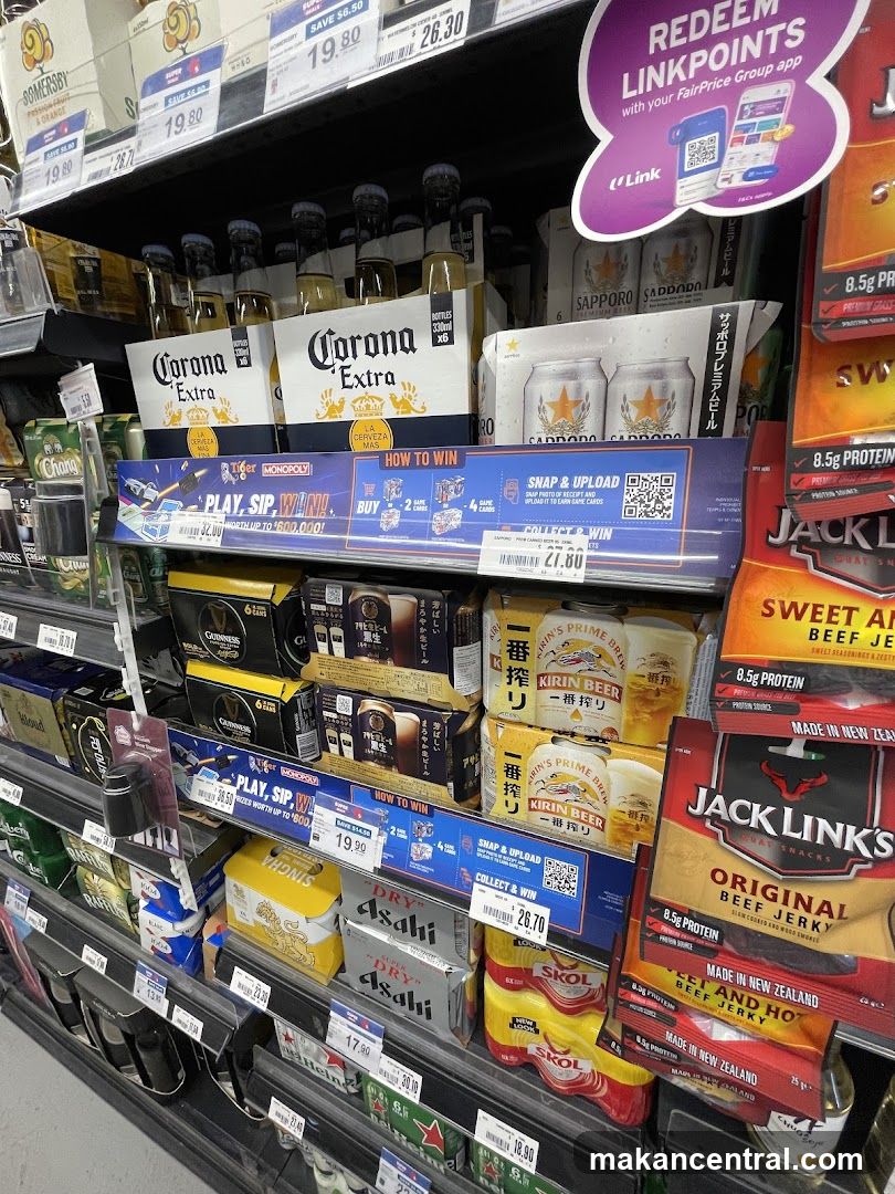 Alcohol and snack aisle in supermarket